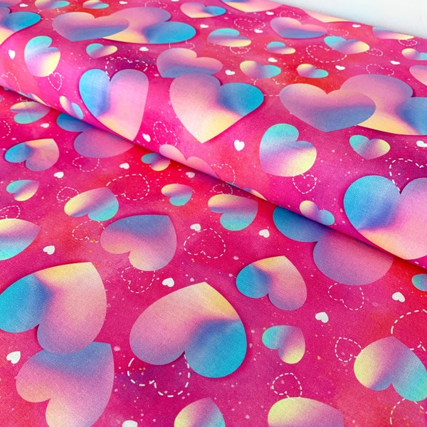 Rainbow Hearts 100% Cotton Fabric, by David Textiles Digital Print, Pink Ombre Fabric, Sold by the Quarter Yard, Half Yard, and Full Yard