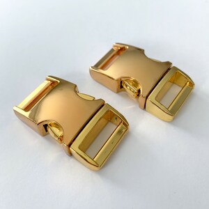 May include: Two gold-colored plastic side release buckles. The buckles are designed for use with straps or webbing.