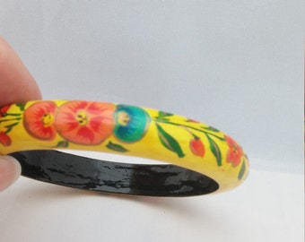 Vintage floral toleware wooden bangle bracelet, vintage bracelet with bright yellow and floral tole painted, tole painting bracelet, bangle