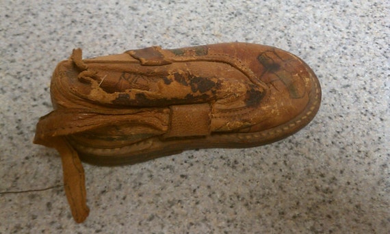 Leather baby shoe, vintage leather baby shoe, baby shoe for vignette, baby shoe collectible, vintage baby shoe,