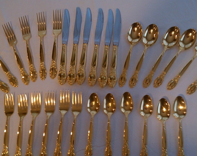 Vintage Oneida Gold Plated Flatware Servings for 6, Vintage Flatware