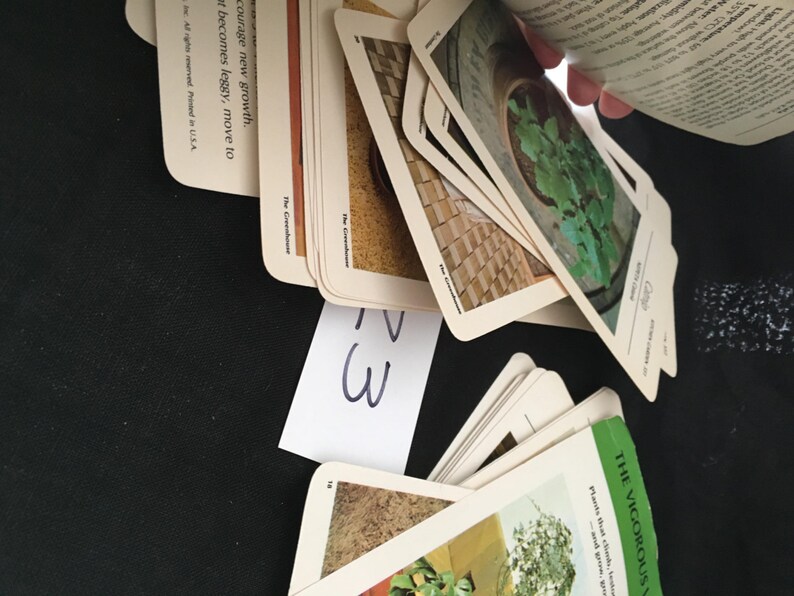 May include: A stack of cards with images of plants and text about gardening. The text on the top card reads "courage new growth. at becomes leggy, move to". The text on the bottom card reads "THE VIGOROUS Plants that thrive, endure, and live where others...