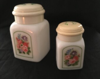 Set of 2 Milkglass powder shakers, Avon perfume powder shakers, vanity powder containers, floral milk glass powder shakers,