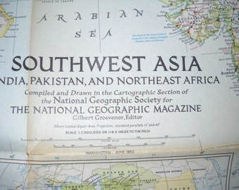 1952 Vintage National Geographic Map Southwest Asia, June 1952 Nat Geo Map
