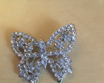 Vintage rhinestone silver butterfly pin, butterfly rhinestone lapel pin, silver butterfly pin