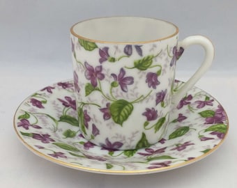 Demitasse espresso cup and saucer with purple and green violets Lefton 2120