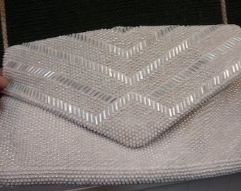 Vintage Beaded ivory beaded clutch evening bag with strap