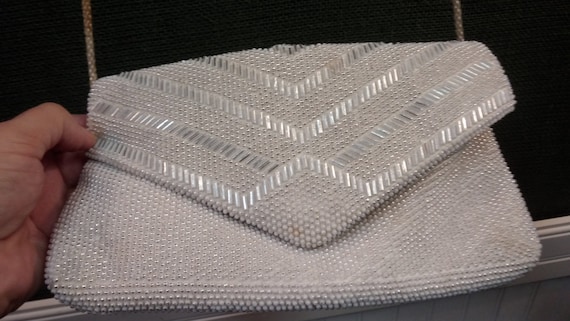 Vintage Beaded ivory beaded clutch evening bag wi… - image 1