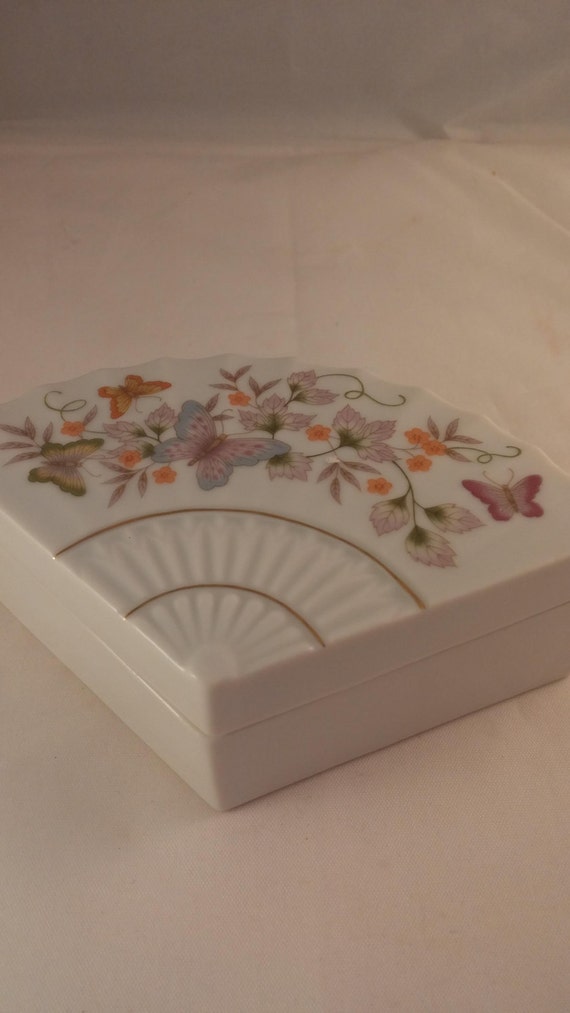 Avon Ceramic porcelain dish fan shape butterfly an