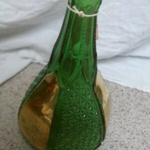 Vintage green molded glass decanter with gold gilding, green glass decanter, molded glass decanter, green glass barware