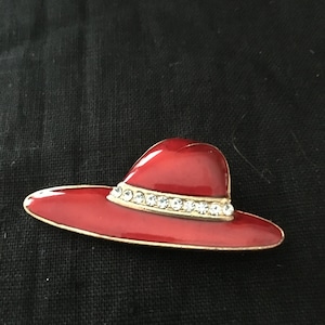 Vintage Rhinestone Enamel Red Hat Pin Brooch, Red Hat Society Pin, Red and Purple Hat Pin, Hat pin, vintage red hat society pin