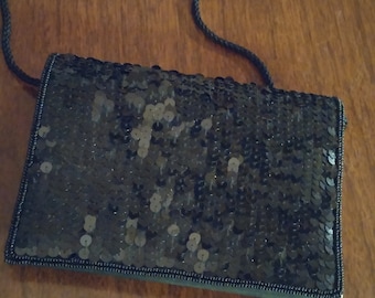 Vintage Black sequin clutch purse with strap, Ann Taylor brand