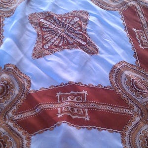 Vintage Symphony Scarf, 1980s brown, gold and white fractal or kaliedescope design square
