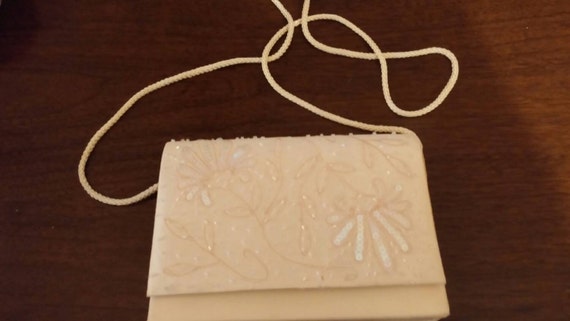 Vintage Beaded ivory clutch hand bag purse with s… - image 1