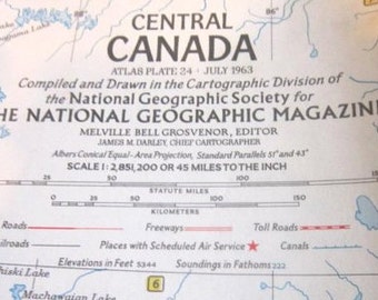 1963 Vintage National Geographic Map Central Canada, July 1963