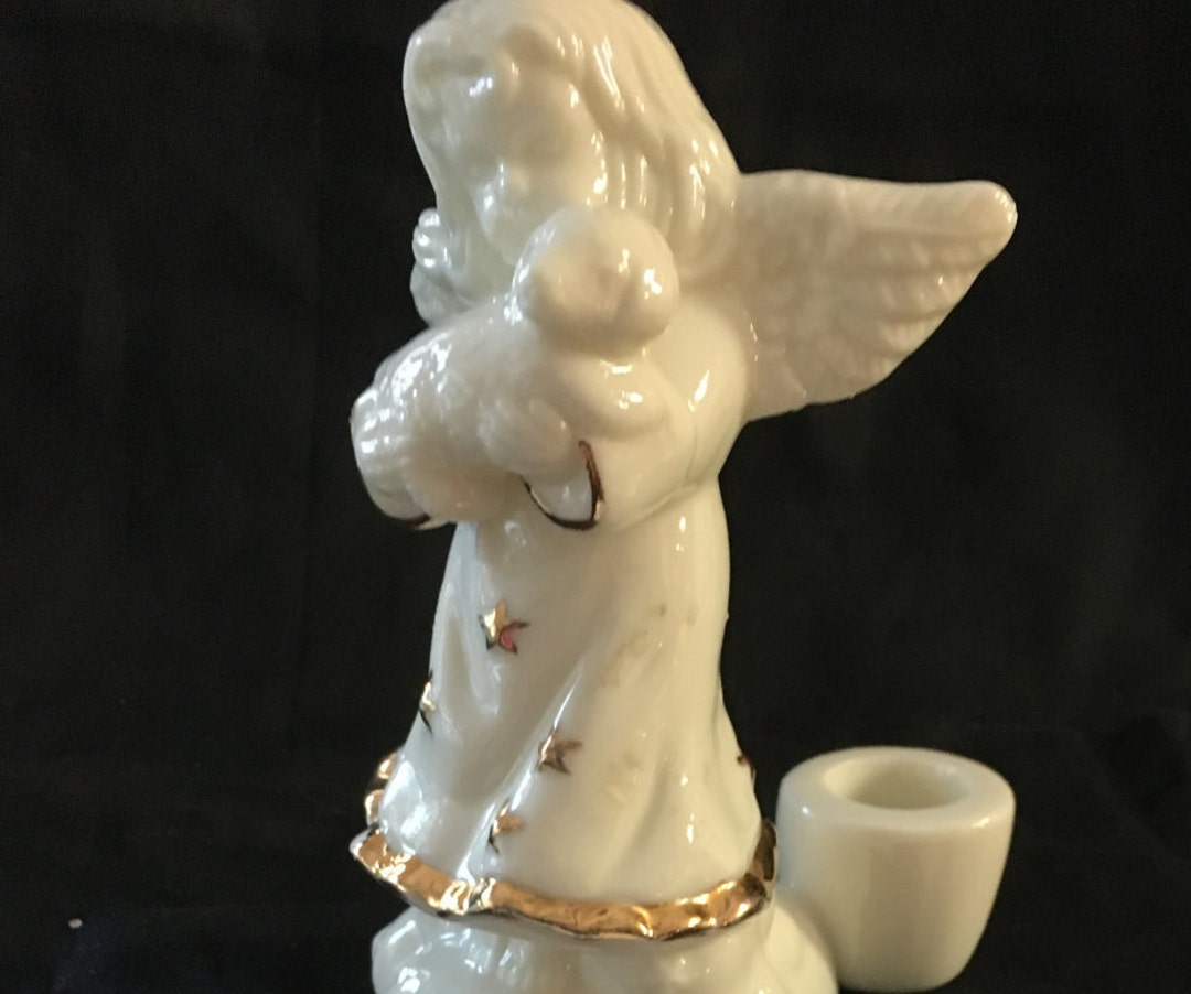 Vintage White Ceramic Angel Candle Holder, Angel Candlestick Holder, Ceramic Holiday Angel