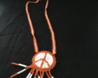 Seed bead peace sign necklace, indian beading necklace, peace sign jewelry, peace jewelry, seed beaded necklace, beaded jewelry, vintage