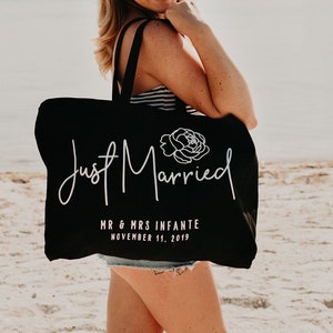 Just Married, Honeymoon Bag, Personalized Beach Bags, Oversized Tote Bag, Canvas Beach Bag, Newlywed Gift, Wedding Shower Gifts