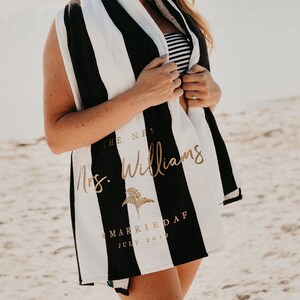 The New Mrs Beach Towel for Honeymoons & Bachelorette Parties Personalized Beach Towel image 1