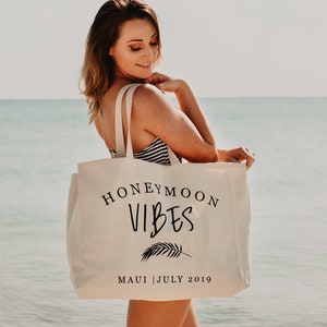 Honeymoon Vibes Personalized Canvas Beach Bag for Newlyweds