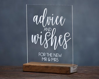 Advice and Wishes for the New Mr and Mrs Clear Acrylic Sign with Wood Stand for Weddings, Bridal Showers, & Engagement Parties