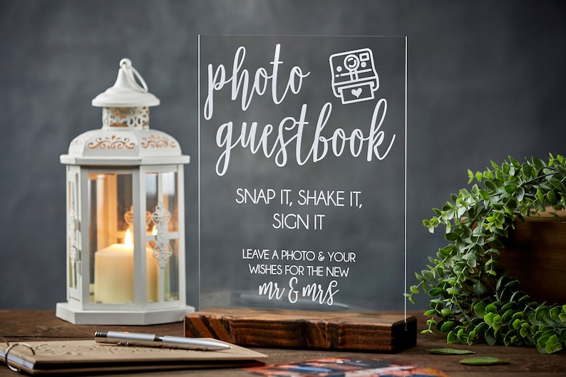 Photo Guestbook Sign Snap It, Shake It, Sign It Acrylic Wedding Sign image 1