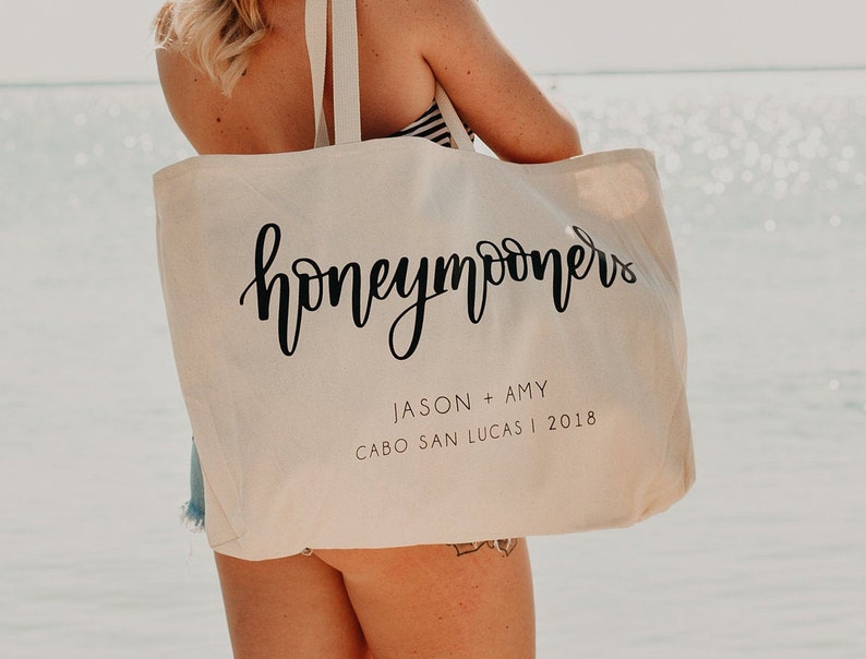 Honeymooners Personalized Canvas Beach Bag for Newlyweds