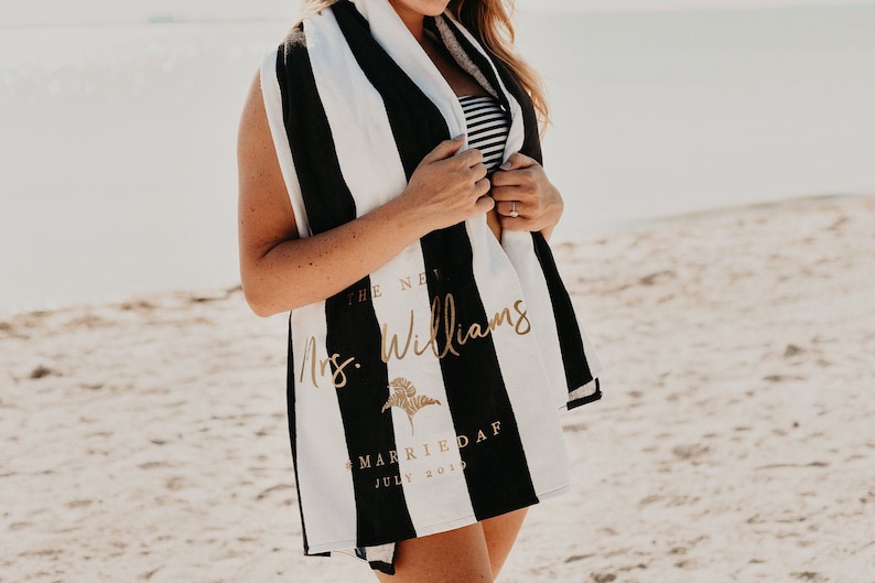 The New Mrs Beach Towel for Honeymoons & Bachelorette Parties Personalized Beach Towel image 1