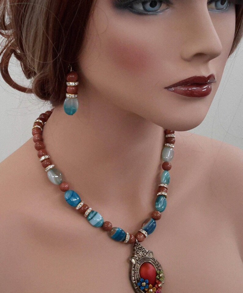 statement gemstone necklace goldstone jewelry crystal statement necklace blue lace agate necklace blue chalcedony necklace