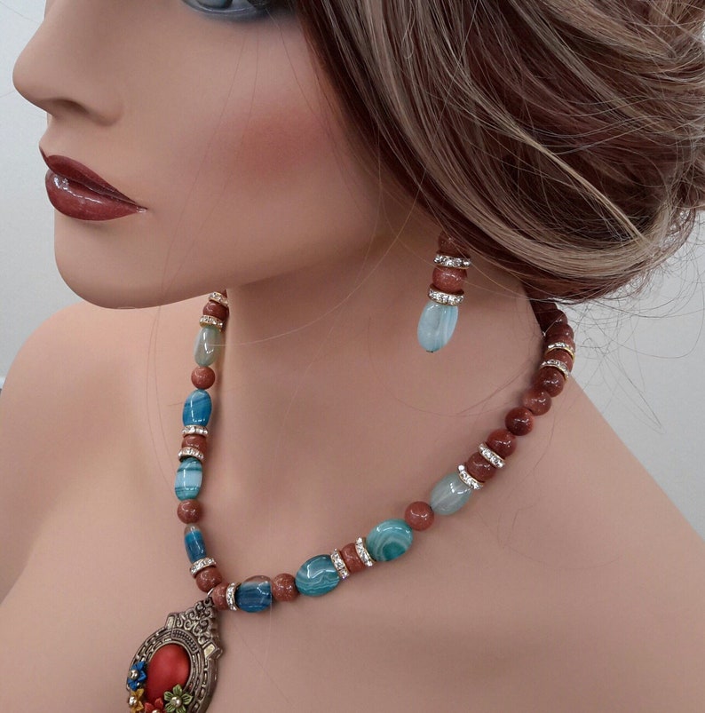 statement gemstone necklace goldstone jewelry crystal statement necklace blue lace agate necklace blue chalcedony necklace