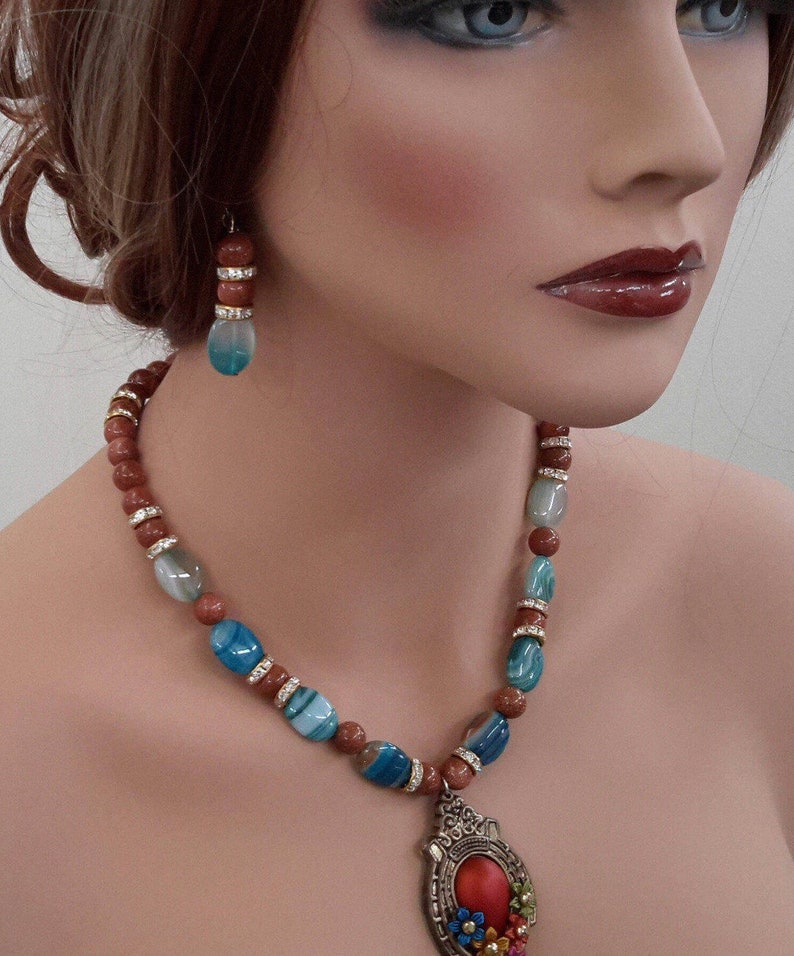 statement gemstone necklace goldstone jewelry crystal statement necklace blue lace agate necklace blue chalcedony necklace