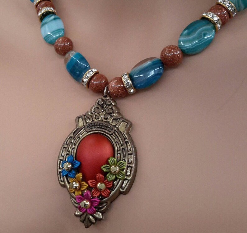 statement gemstone necklace goldstone jewelry crystal statement necklace blue lace agate necklace blue chalcedony necklace