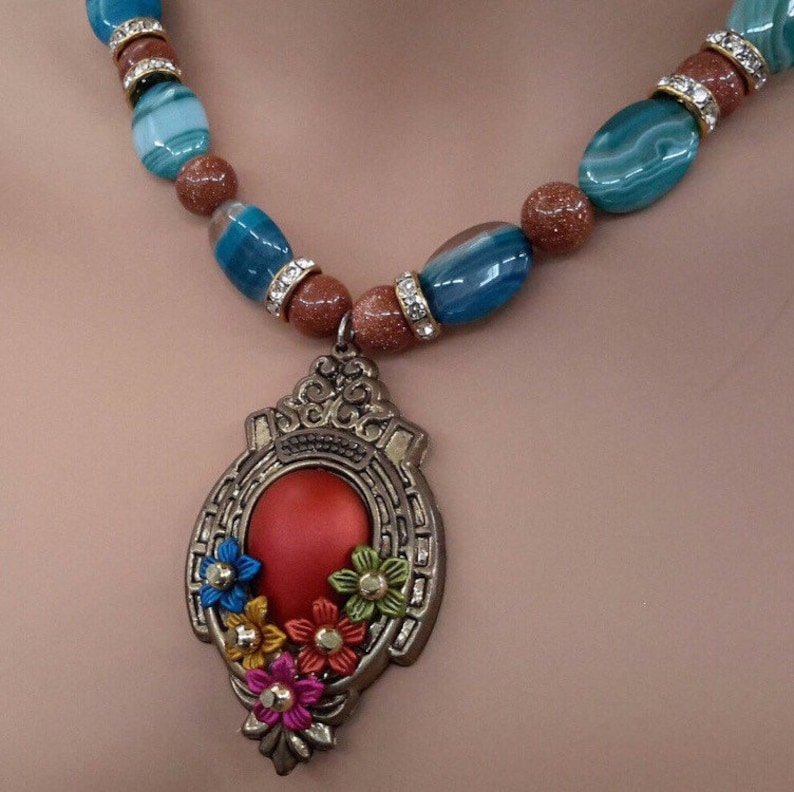 statement gemstone necklace goldstone jewelry crystal statement necklace blue lace agate necklace blue chalcedony necklace