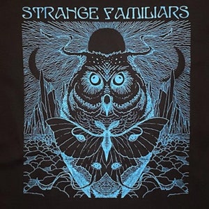 May include: Black t-shirt with a blue graphic of an owl in a hat and a moth, with the text "STRANGE FAMILIARS" above. The design is detailed and intricate, with a vintage aesthetic. The t-shirt is made of a soft material.