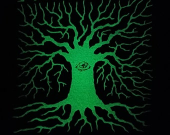 STRANGE FAMILIARS podcast – glow-in-the-dark Awoken Tree logo t-shirt – paranormal – bigfoot – cryptids – ghosts – UFOs