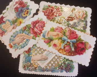 Victorian die cut calling card LOT of 5 hands flowers doves love cdvs embossed