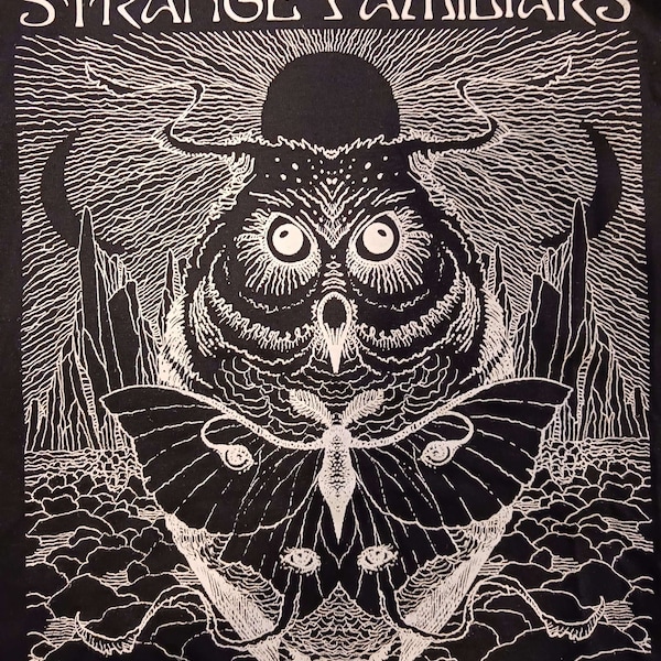 STRANGE FAMILIARS podcast – The Eyes of Night – t-shirt – paranormal – high strangeness – owl – luna moth