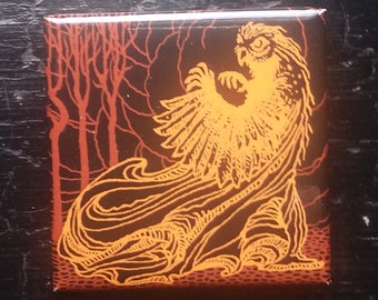 Owl-Witch / Lechuza 1.5" square pin. occult witchcraft folklore cryptids