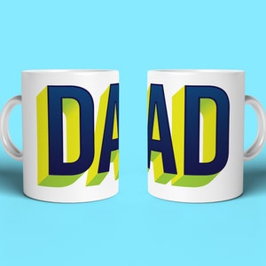 Taza para papá: diseño tipográfico súper gráfico en 3D en azul, amarillo y verde