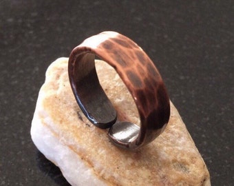 Copper Ring - Adjustable, 6 Gauge Heavy Hammered Copper Wire, Patina, 1/4 Inch (6.35 mm) Wide Band - Handcrafted by JW