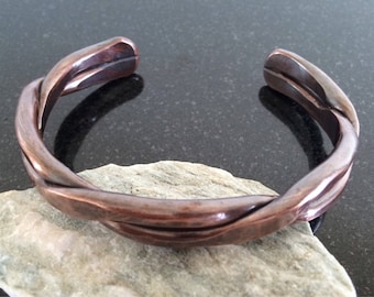 Men's Copper Bracelet, Adjustable, 4 Gauge Wire, Patina, Twisted Double Bar, Hammered Ends, 7th Anniversary