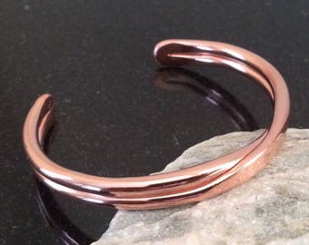 Copper Bracelet - Adjustable, 6 Gauge Copper Wire, Shiny, Crossed Double Bar, Hammered Ends, 7th Anniversary Gift - Handcrafted by JW
