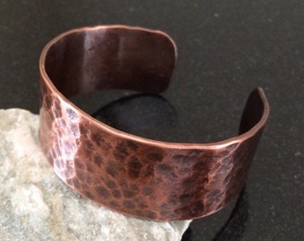Copper Cuff Bracelet, Adjustable, 1 Inch (2.54 cm) Wide, Hammered, Patina