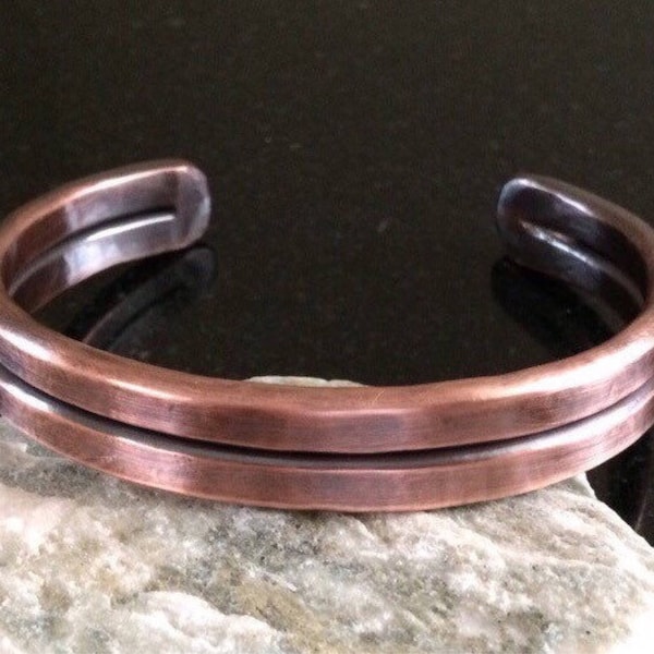 Men's Copper Bracelet - Adjustable, 4 Gauge Flat Hammered Copper Wire, Patina, Double Bar, 7th Anniversary Gift - Handcrafted by JW