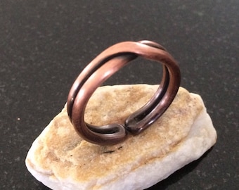 Copper Ring, Adjustable, 3/16 Inch (4.76 mm) Wide Crossed Double Wire Band, Patina