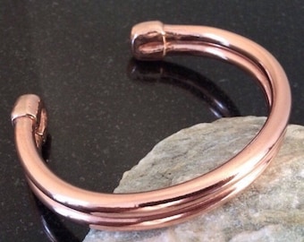 Men's Copper Bracelet - Adjustable, 4 Gauge Copper Wire, Shiny, Double Bar, Capped Ends, 7th Anniversary Gift - Handcrafted by JW