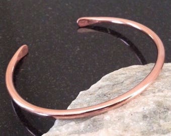 Copper Bracelet - Adjustable, 8 Gauge Copper Wire, Shiny, Hammered Ends, 7th Anniversary Gift - Handcrafted by JW
