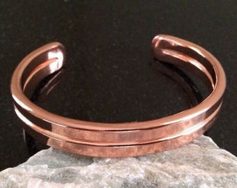 Men's Copper Bracelet - Adjustable, 4 Gauge Flat Hammered Copper Wire, Shiny, Double Bar, 7th Anniversary Gift - Handcrafted by JW