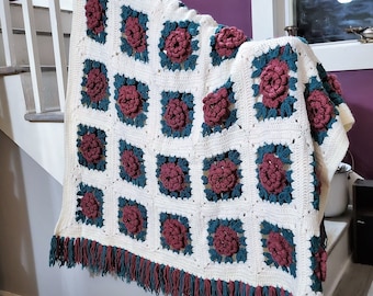 90s Vintage Rose Flower Crochet Afghan Sofa Throw-Off White Teal & Deep Raspberry