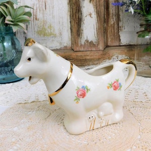 Vintage Cow Creamer w/Flowers and Gold Trimmed Horns Tail & Bell-Country Kitchen Decor